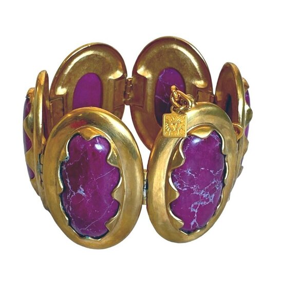 Anne‎ Klein Couture rare vintage 80s magenta marble cabochon earrings & bracelet - Picture 10 of 10